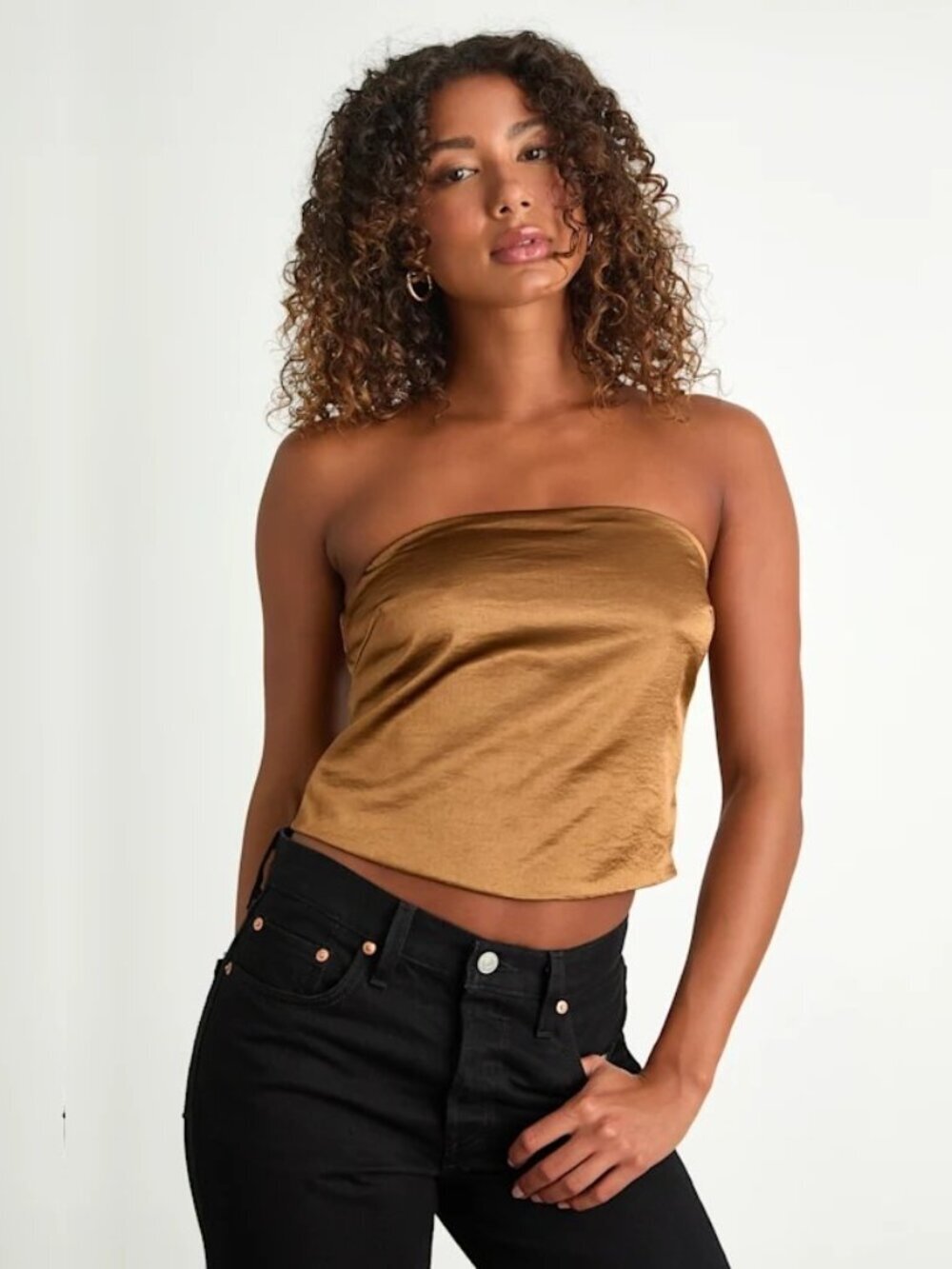 NWT Lulus Devine Bronze Satin Strapless Crop Top Bronze XL